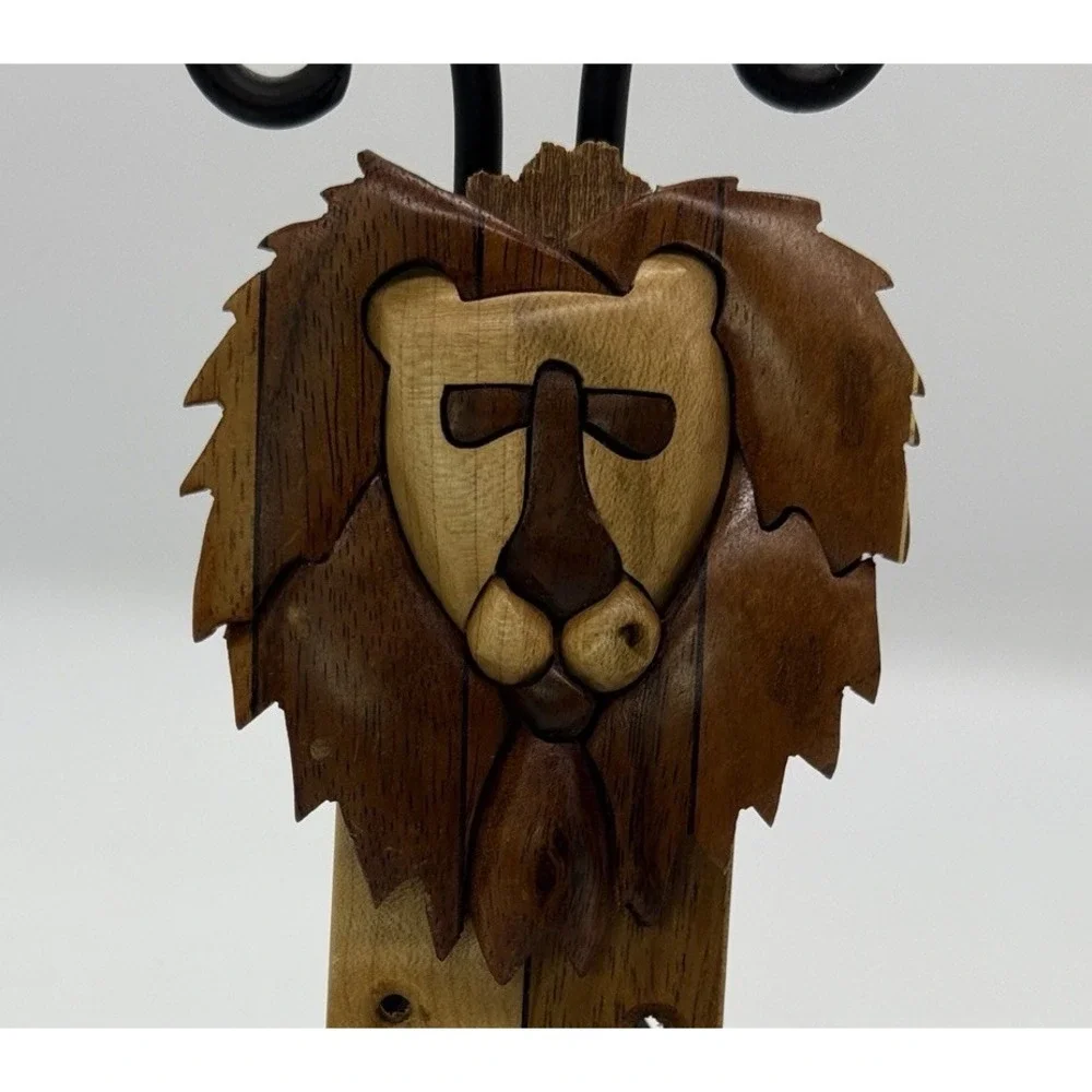 Hand Carved Wooden Lion Wall Hook Key Holder Brass Coat Hook Folk Art 8.5